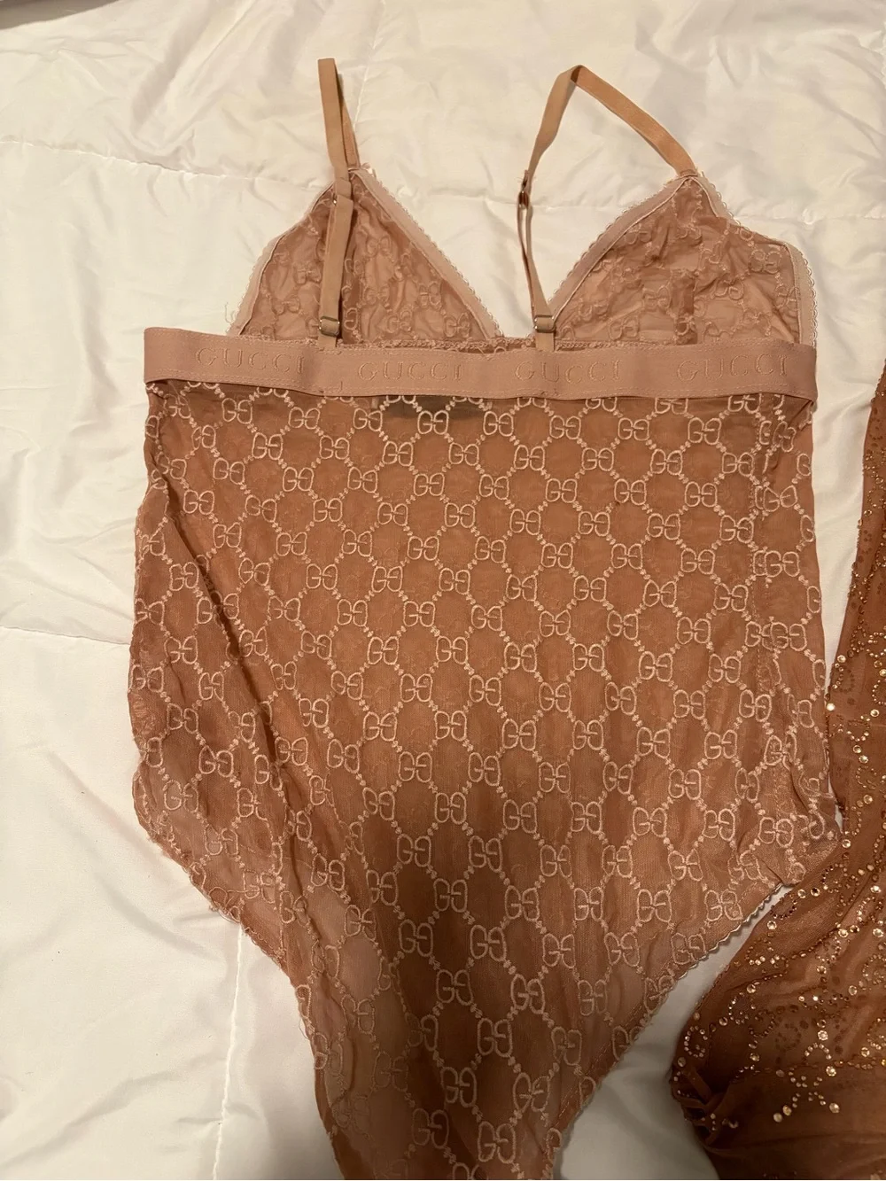 Gucci Sheer Lace Two-Piece Chemise Set in Dusty Brown